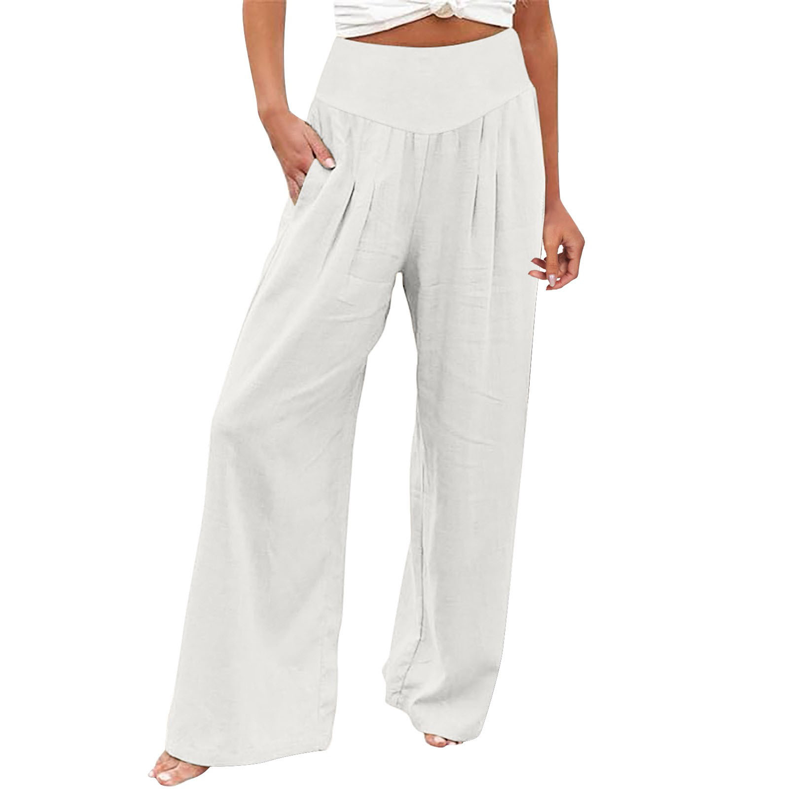 thumbnail image 2 of Pantalones de mujer de cintura alta y pierna ancha: pantalones palazzo con bolsillos, tejido ligero, ropa informal para vacaciones, tallas S-XXXL, cintura de 68-88 cm, corte holgado y cómodo., 2 of 6